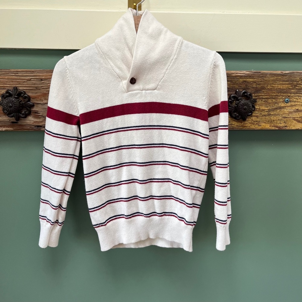 Hope & Henry Boys Shawl Collar Striped Organic Cotton Sweater Cream Navy Small